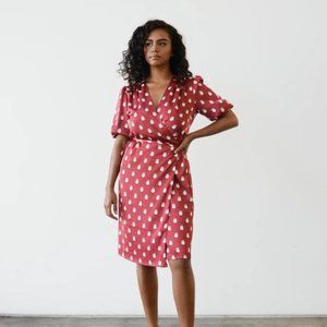 B. Yellowtail Red Plus Size Wrap Dress. Size 3XL, Elktooth design on red.